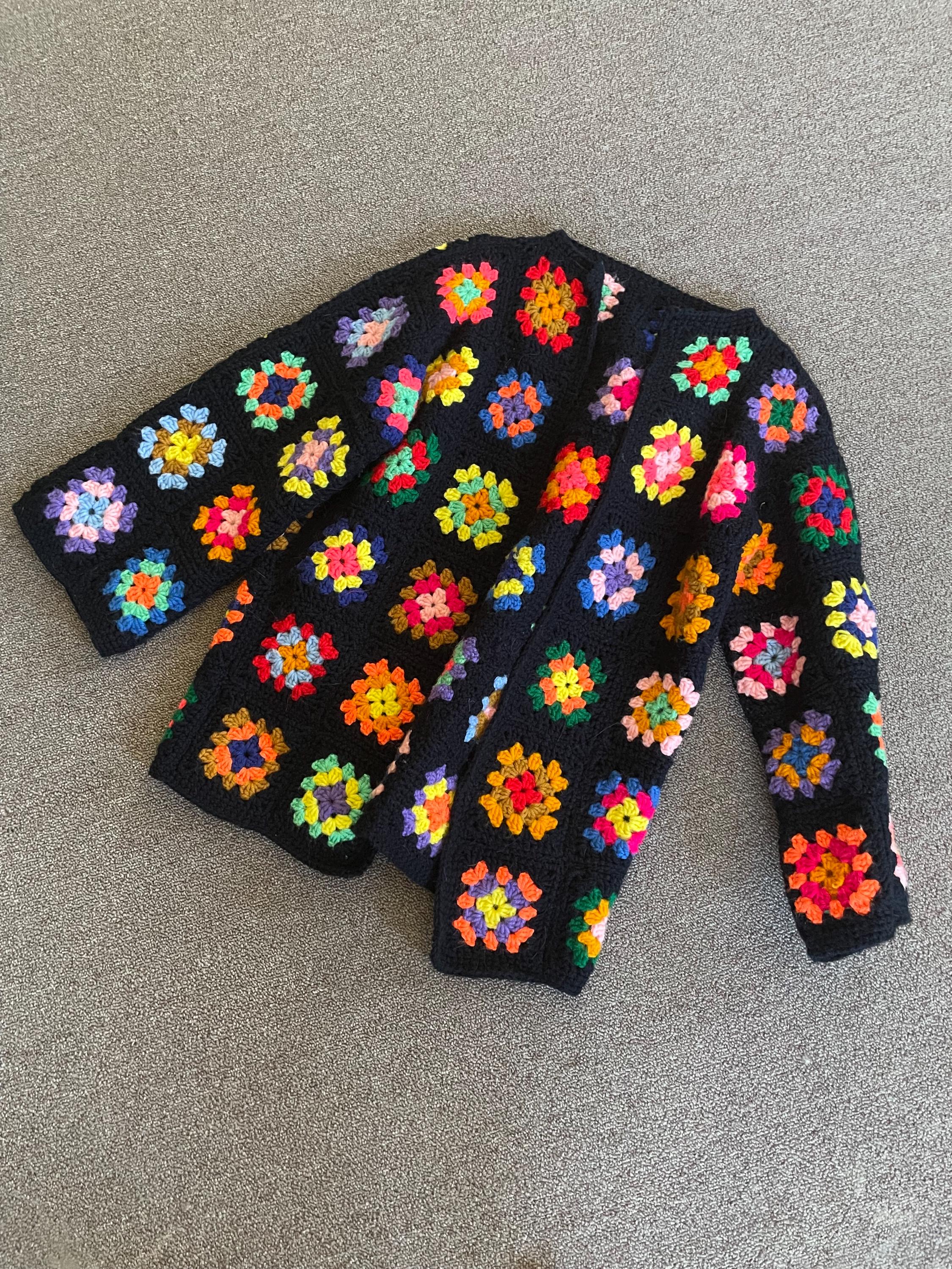 True Vintage C.1960s/70s Colorful Knif Granny Square Black Sweater