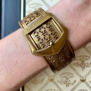 Antique Victorian Gold Filled Brass Reticulated Floral Buckle Cuff Bracelet