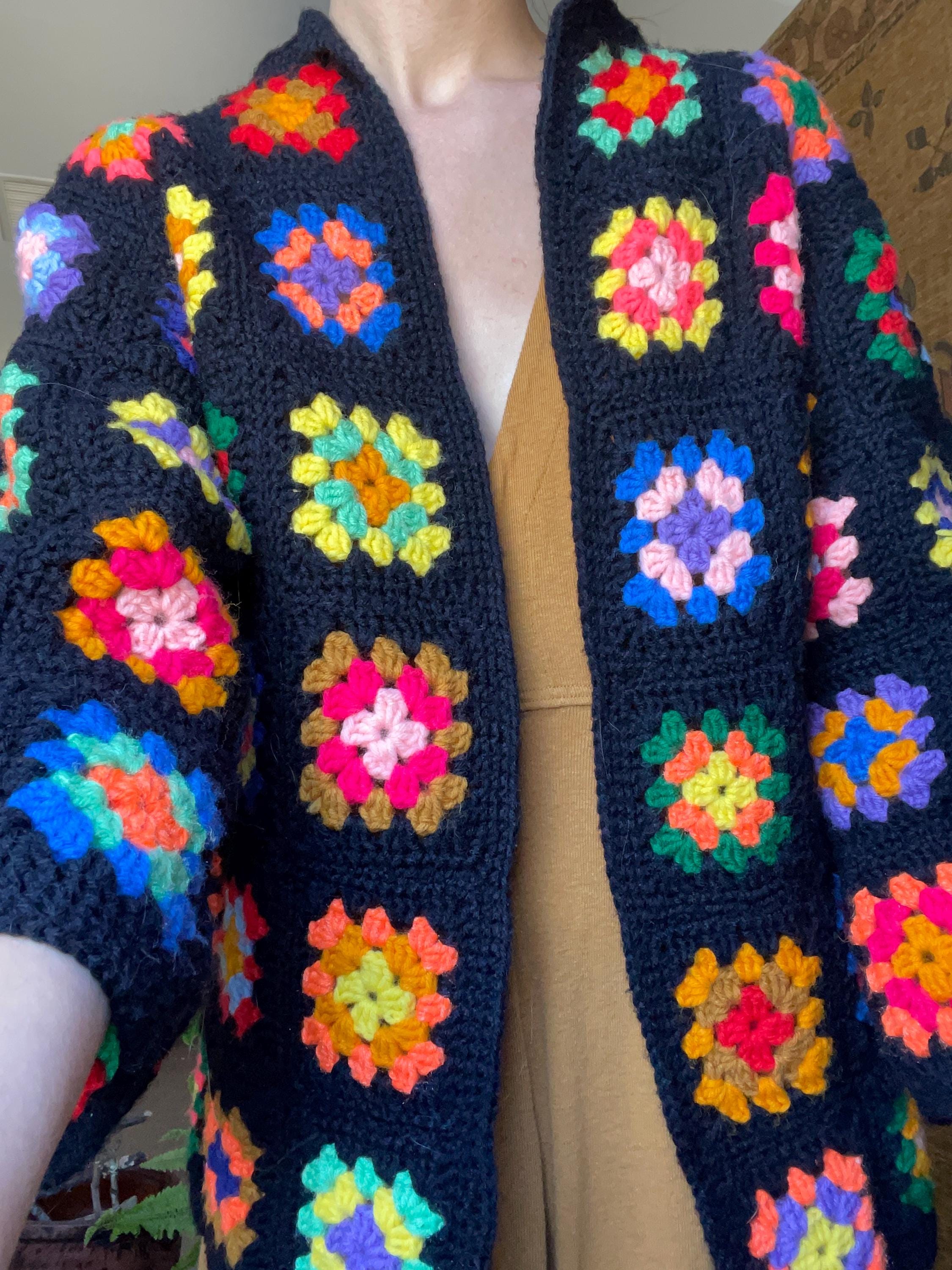 True Vintage C.1960s/70s Colorful Knif Granny Square Black Sweater