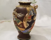 Satsuma Brown, Immortals Moriage Vase with 3-D Gold Dragon Head - Japan
