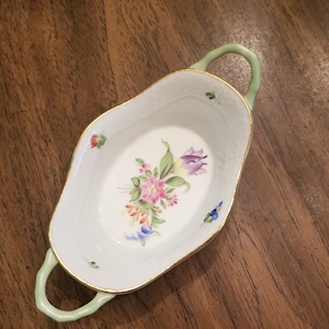 Herend Porcelain Floral Oval Handled Basket Trinket Accent Dish
