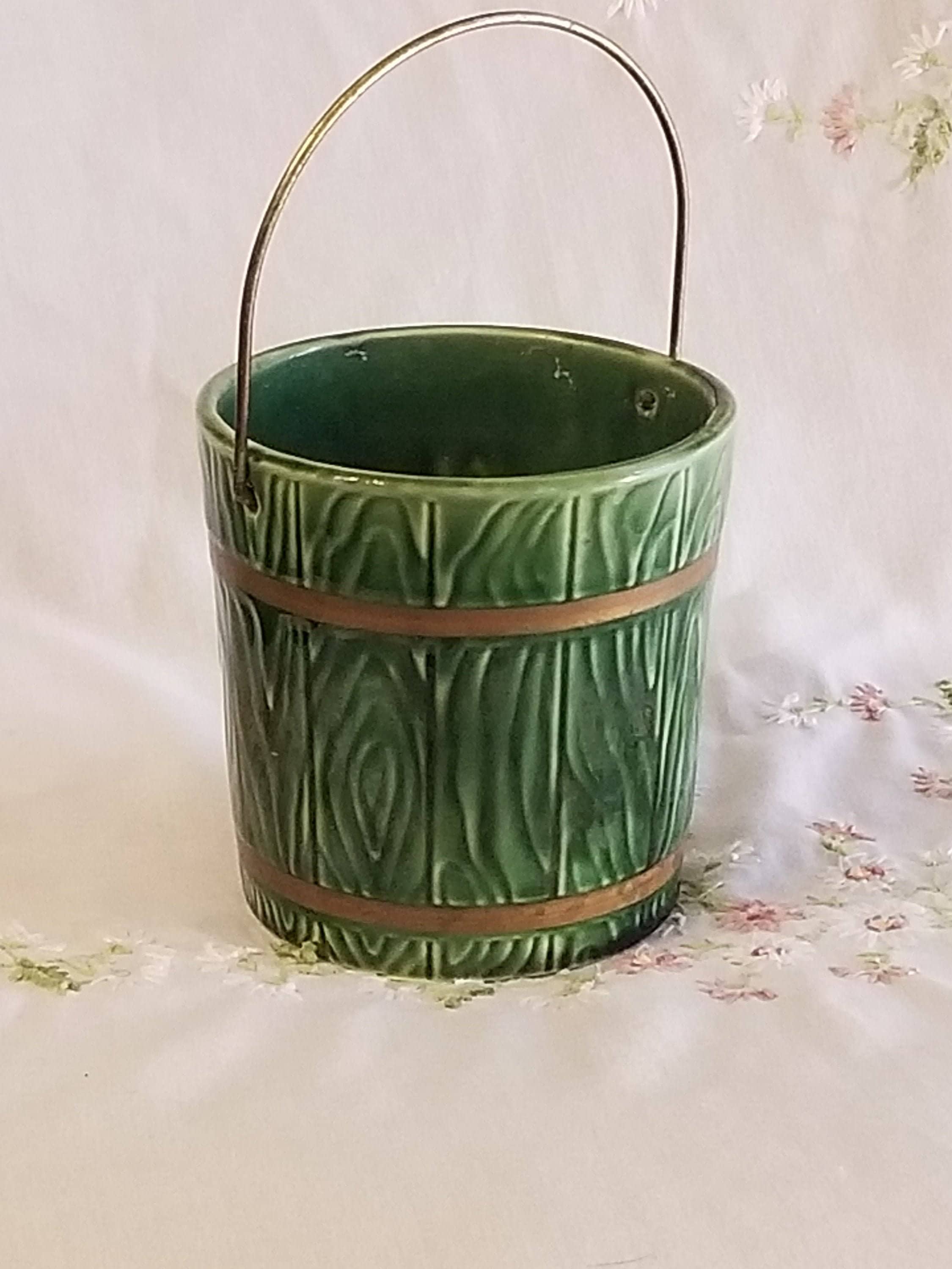 Vintage Hull USA Ceramic Wood Grain Bucket Planter With Metal Etsy