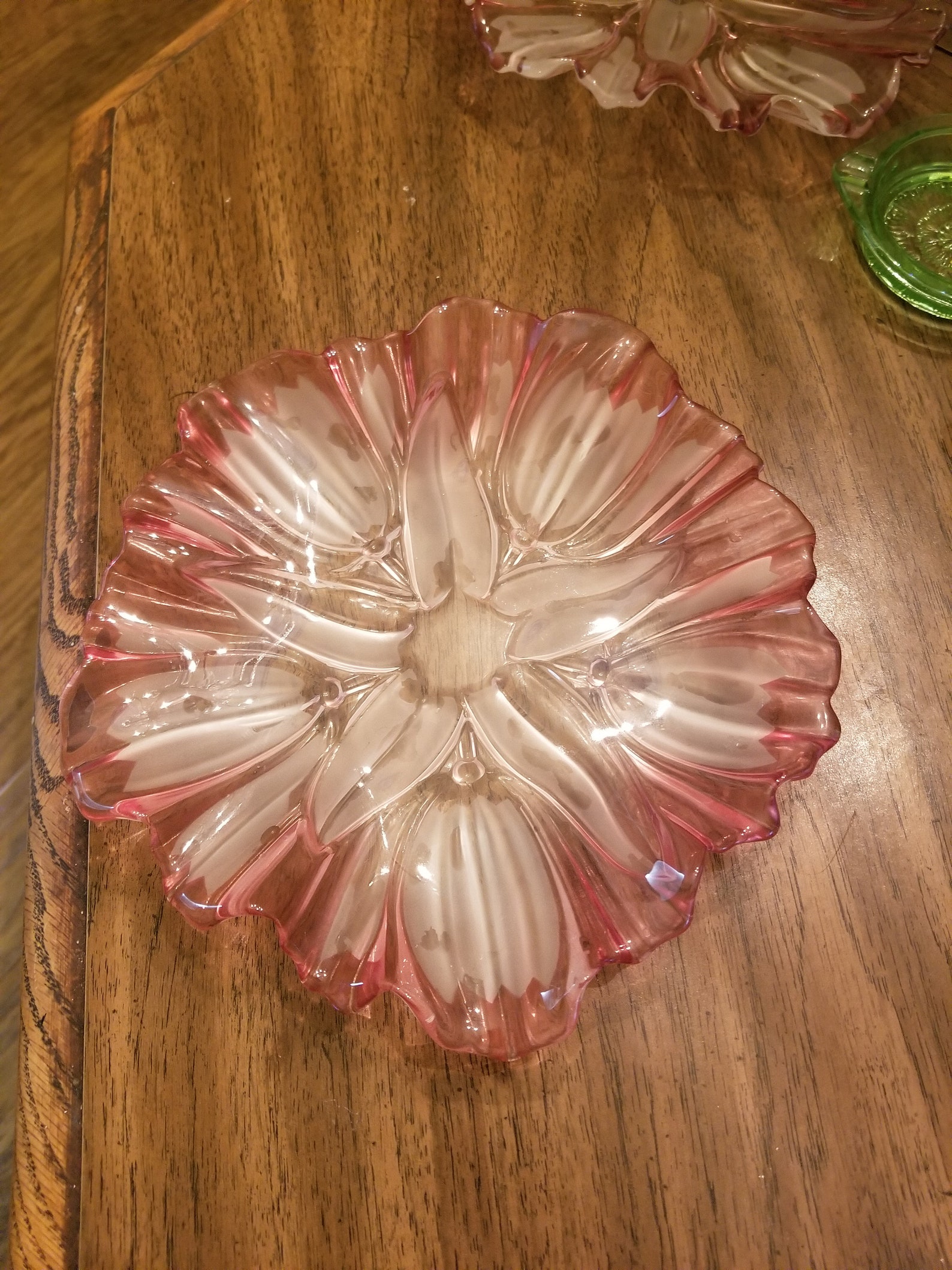 Vintage Ruffled Clear Pink Glass Dish With Clear Etched Tulips Etsy