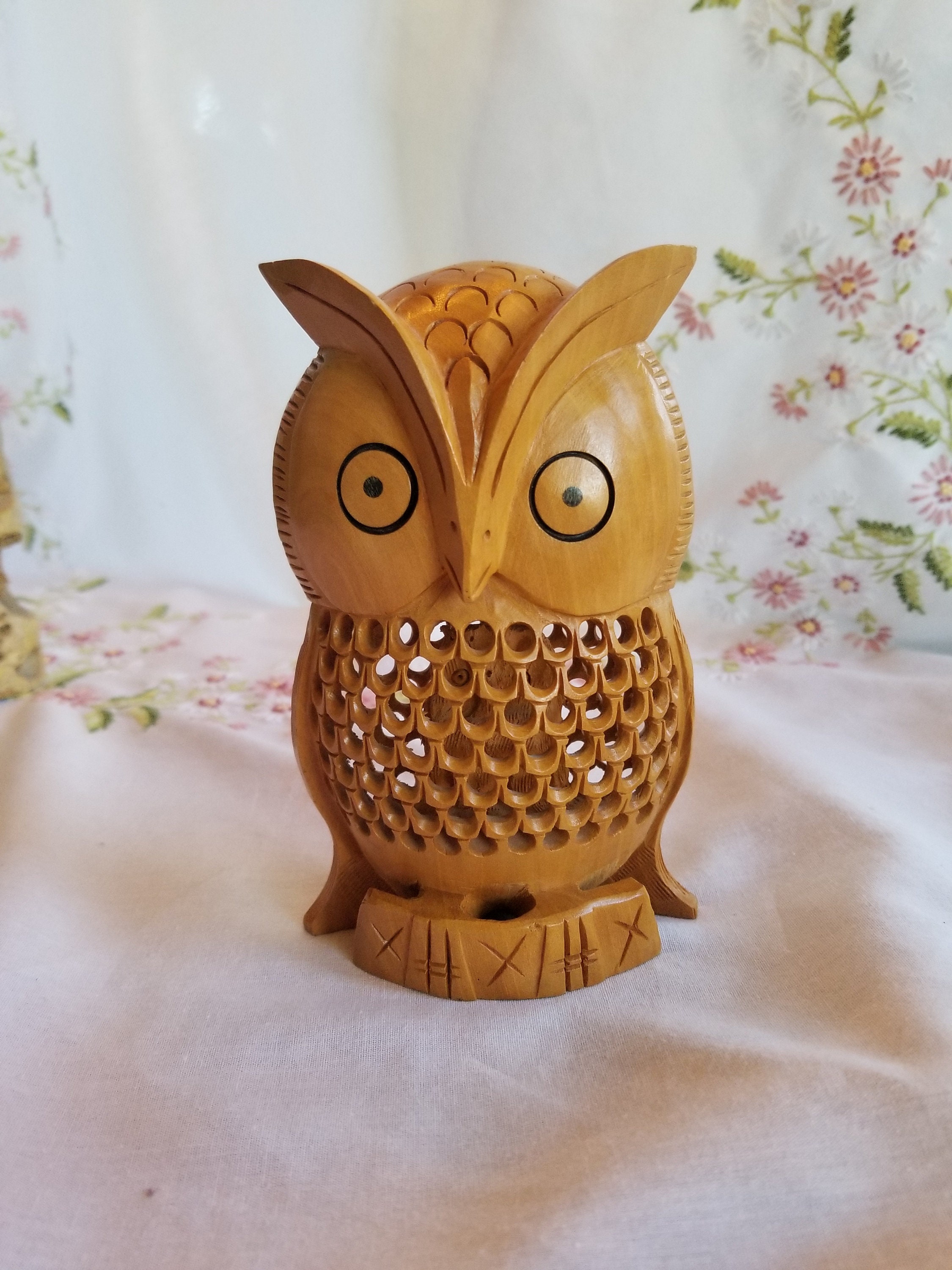 Hand Carved Wooden Owl with Baby Owl Inside