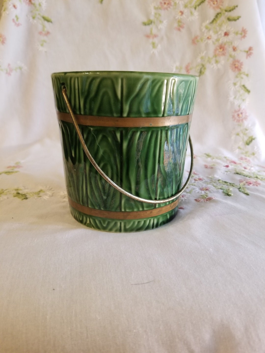 Vintage Hull USA Ceramic Wood Grain Bucket Planter With Metal Etsy