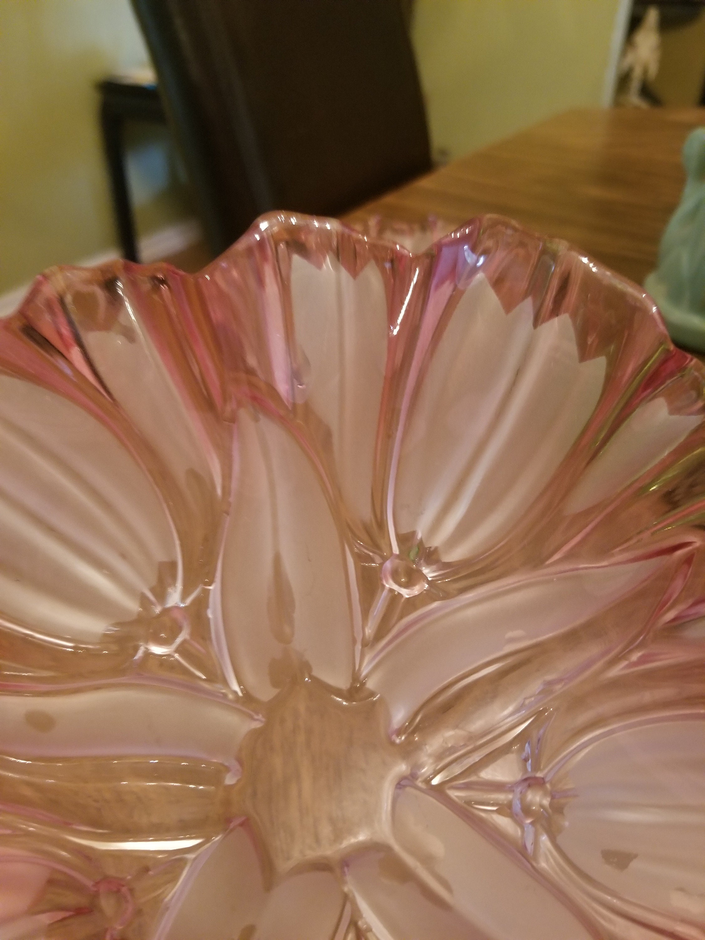 Vintage Ruffled Clear Pink Glass Dish With Clear Etched Tulips Etsy UK