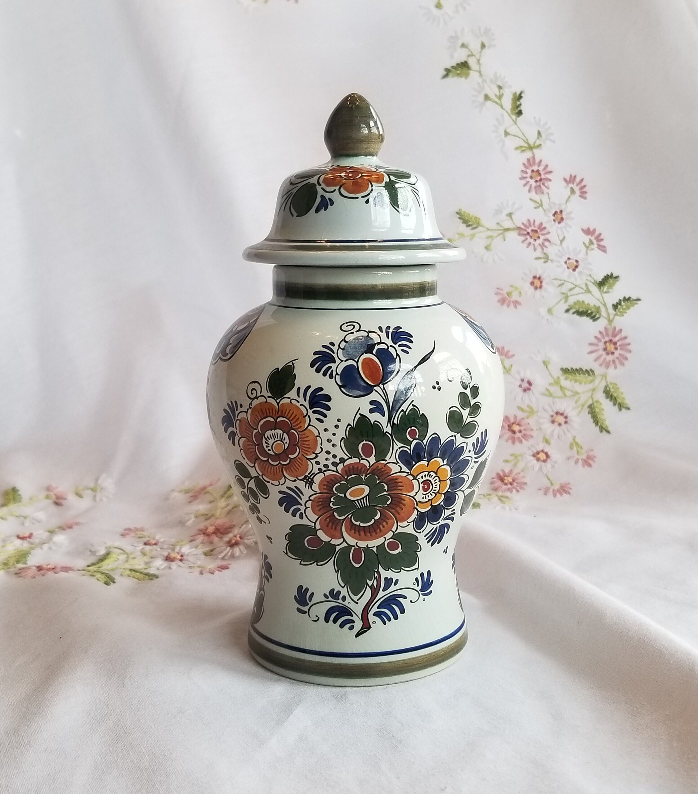 Antique Rare Delft Polychrome Hand-painted Lidded Vase