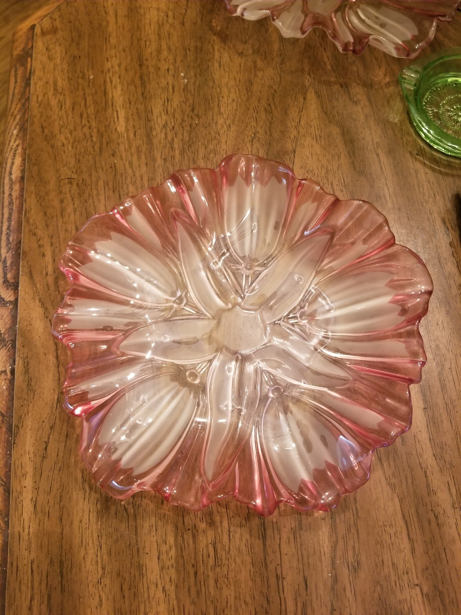 Vintage Ruffled Clear Pink Glass Dish With Clear Etched Tulips Etsy