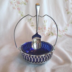 Vintage Stainless Steel and Cobalt Blue Glass Condiment Dish with Silver-Plated Spoon