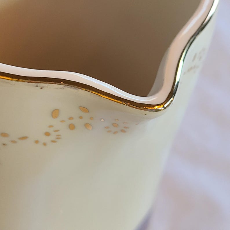 May include: Close-up of the rim of a white ceramic creamer with a gold trim and a delicate pattern of gold dots.