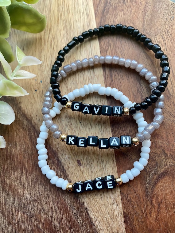 Custom Name Bracelet • Black Block Alphabet Beads • Stack Bracelet • Skinny  Beaded Bracelet • 14kt Gold Filled Beads