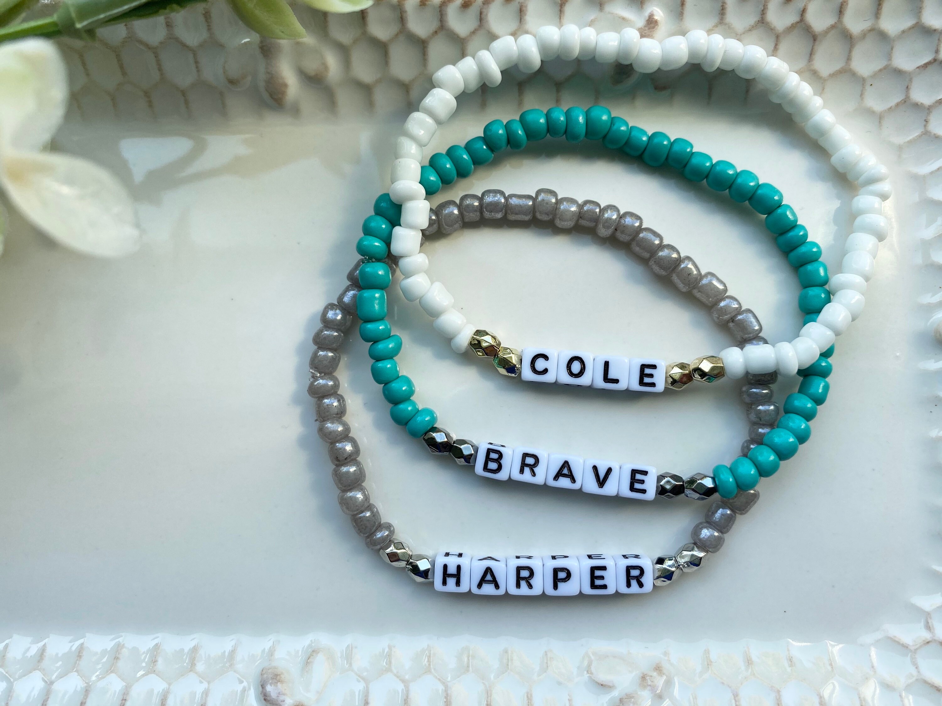 Custom Name Stretch Bracelet White Block Alphabet Stack Etsy