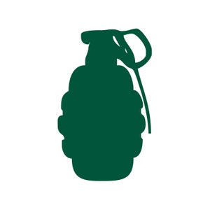 May include: A dark green silhouette of a hand grenade against a white background. The grenade has a textured body, a pull ring, and a lever. The design is simple and graphic.