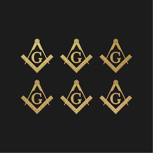 May include: Six gold-colored Masonic symbols on a black background. Each symbol features a compass, a square, and the letter "G" in the center. The symbols are evenly spaced and arranged in two rows of three.