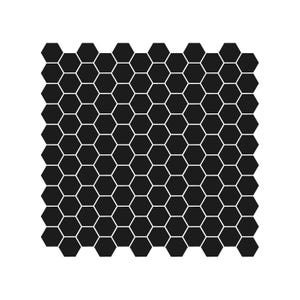 Könnte beinhalten: Ein schwarz-weißes geometrisches Muster, das aus zahlreichen Sechsecken besteht. Das wabenartige Design zeigt schwarze Formen, die mit weißen Linien umrandet sind und ein sich wiederholendes Muster über das Bild erzeugen.