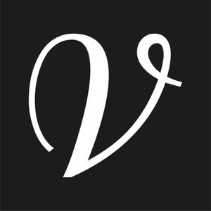 May include: A white, stylized letter "V" in a cursive font against a solid black background. The letter has a flowing, elegant design, with a prominent loop at the top and a curved stroke.