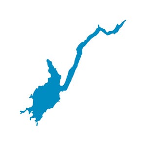 May include: A stylized, blue illustration of a lake or river outline against a white background. The shape is elongated and irregular, with a long, narrow section extending upwards.