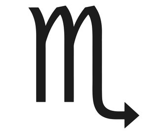May include: Black Scorpio zodiac symbol on a white background. The symbol is a stylized letter 'm' with a curved tail ending in an arrow pointing to the right. The design is simple and bold.