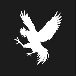 May include: A white silhouette of a rooster in mid-flight against a black background. The rooster's wings are spread wide, and its legs are extended, giving the impression of movement. The image is a simple, bold design.
