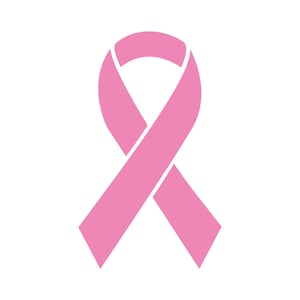 May include: A pink ribbon on a white background. The ribbon is a symbol of breast cancer awareness. The ribbon is a loop with the ends crossed over each other.