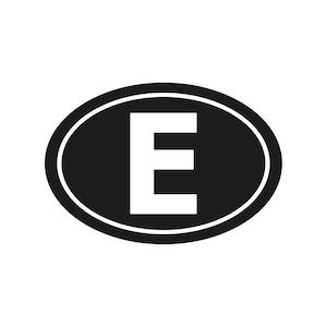 May include: A black and white oval sticker featuring a large white letter "E". The letter is centered within a black oval, which is outlined with a thin white border. The design is simple and bold, suitable for various applications.