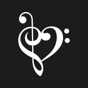 Puede incluir: Símbolo musical blanco en forma de corazón, que combina las claves de sol y de fa en un fondo negro. La clave de sol está a la izquierda, la clave de fa a la derecha con dos puntos. Diseño limpio y elegante.