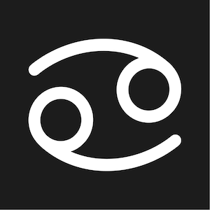 Op de afbeelding: Wit Kreeft dierenriemteken op een zwarte achtergrond. Het symbool toont twee cirkels verbonden door gebogen lijnen, die het astrologische teken vertegenwoordigen voor degenen die geboren zijn tussen 21 juni en 22 juli.