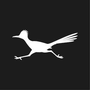 May include: A white silhouette of a roadrunner bird running on a black background. The bird is shown in profile, with its long tail feathers and slender legs extended, suggesting movement and speed. The image is simple and striking.