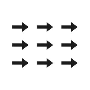 May include: Nine black arrows pointing to the right are arranged in a three-by-three grid on a white background. The arrows are solid and have a simple, modern design, suitable for use as a directional symbol or graphic element.