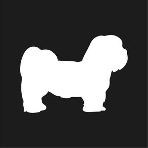 May include: A white silhouette of a dog, likely a Shih Tzu, against a solid black background. The dog is depicted in a side profile, showcasing its fluffy body and distinctive features.