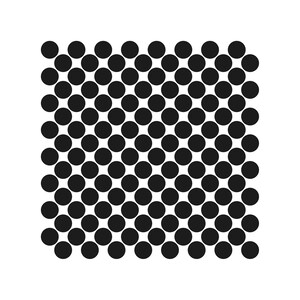 May include: A square pattern of evenly spaced black circles on a white background. The circles are uniform in size and densely packed, creating a grid-like design. The image is a simple, high-contrast graphic.
