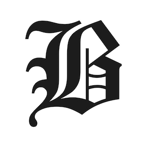 May include: A black, stylized letter "B" in a gothic font. The design features ornate curves and serifs, with a bold, solid appearance. The letter is isolated against a white background.