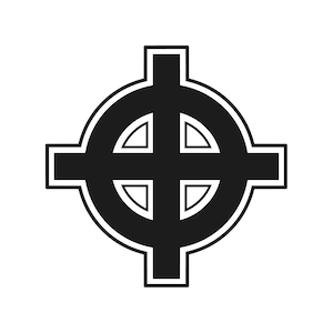 Könnte beinhalten: Ein schwarzes keltisches Kreuz-Design mit weißem Umriss. Das Kreuz befindet sich in einem Kreis, mit vier Armen, die sich nach außen erstrecken. Jeder Arm hat eine rechteckige Form, vor weißem Hintergrund.