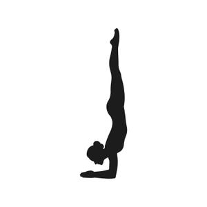 May include: A solid black silhouette of a person performing a forearm stand. The figure is positioned vertically with forearms resting on the ground, legs extended straight upward, and feet pointed, creating a clean and sharp outline against the background.