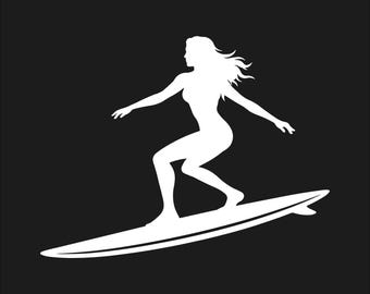 Female Surfer Silhouette Vinyl Decal Sticker Beach Surfboard Ocean Car Window