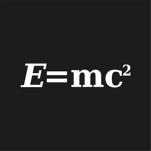 May include: A black background with the equation E=mc² in white, a famous formula from physics. The text is in a bold, sans-serif font, with the letters and numbers clearly defined against the dark backdrop.