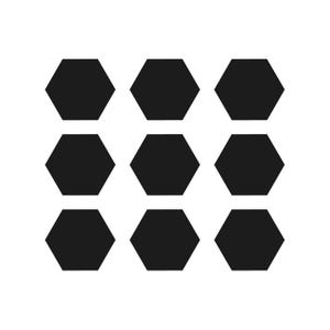 May include: Nine black, evenly spaced, solid hexagon shapes arranged in a three-by-three grid against a white background. The geometric pattern is simple and modern, with a clean, minimalist aesthetic.