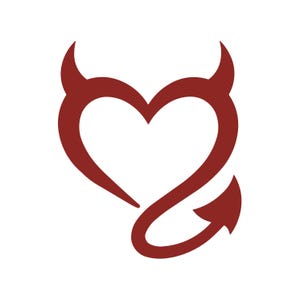 May include: A maroon-colored heart-shaped graphic with devil horns and a tail with an arrow-shaped tip. The design is a simple, stylized illustration on a white background. The heart shape is open in the center.