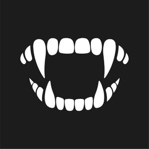 May include: A white illustration of a set of vampire teeth on a black background. The teeth are sharp and pointed, with two prominent fangs. The design is simple and graphic, suitable for Halloween or horror-themed products.