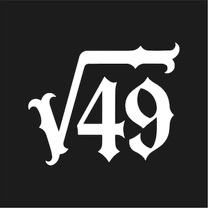 May include: A white square root symbol over the number 49, set against a black background. The font is gothic, with decorative flourishes on the root symbol and the numbers. The overall design is simple and bold.