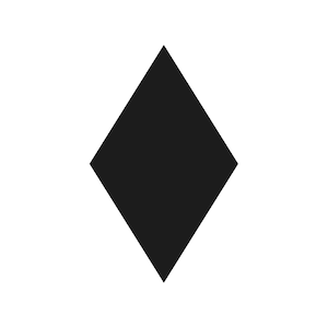 May include: A black diamond shape against a white backdrop. The diamond is a symmetrical four-sided figure with two sharp and two obtuse angles. The design is simple and clean, with a focus on the geometric form.