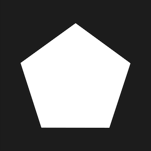 May include: A white pentagon shape centered on a black background. The geometric figure has five sides and five angles. The image is a simple, minimalist design, with a high contrast between the white shape and the black backdrop.