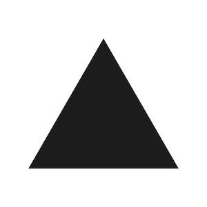 May include: A solid black triangle shape centered on a white background. The triangle is a simple geometric form with three sides and three angles, pointing upwards.