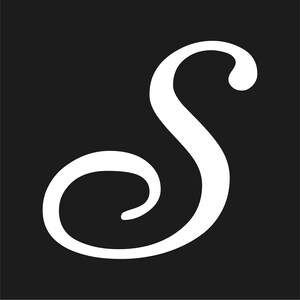 May include: A white, stylized letter "S" against a solid black background. The elegant script features a flowing, curved design with a prominent swirl at the bottom and a rounded top.