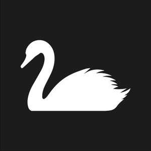 Op de afbeelding: Een witte zwaan-silhouet tegen een zwarte achtergrond. De zwaan wordt in profiel weergegeven, met een gebogen nek en een horizontaal lichaam. De veren zijn gedetailleerd en het ontwerp is eenvoudig en elegant.