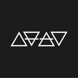 May include: A minimalist design featuring four white geometric symbols on a black background. The symbols are outlined triangles, with two of them bisected by a horizontal line. The design is simple and modern.