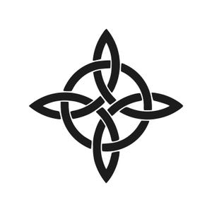 May include: Black Celtic knot design on a white background. The symmetrical knot features interwoven lines forming a four-pointed shape with a central circle. The design is a solid black color.