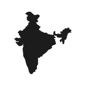 Puede incluir: Silueta negra del mapa de la India sobre un fondo blanco. La imagen muestra los contornos geográficos del país, incluyendo la península y las regiones del noreste.