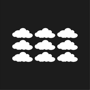Puede incluir: Nueve formas de nubes blancas dispuestas en una cuadrícula sobre un fondo negro. Las nubes son formas simples y redondeadas, lo que sugiere un diseño minimalista. La imagen es adecuada para diversas aplicaciones.