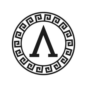 May include: Black and white circular emblem featuring a stylized letter "Λ" within a circle. The outer ring is decorated with a repeating Greek key pattern, creating a classic and bold design.